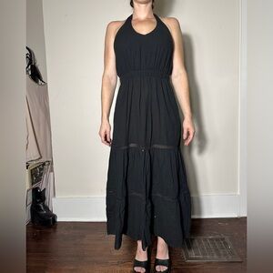 W by Worth 100% Cotton Boho Black Maxi Halter Dress Size 4
